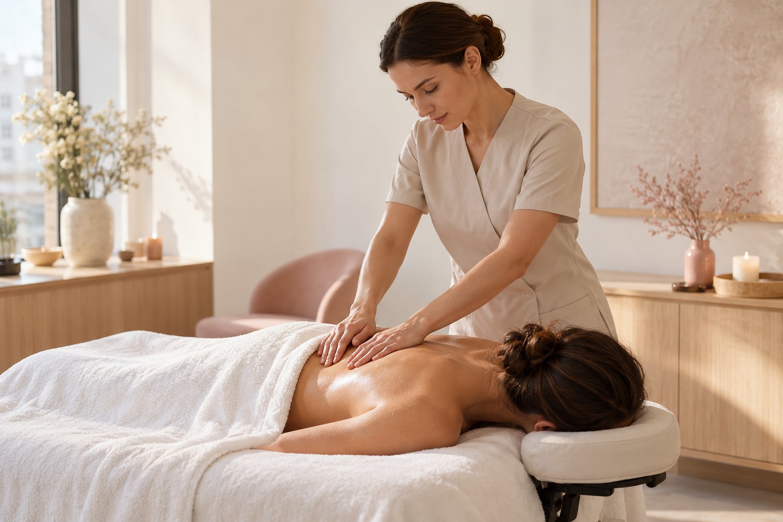 Специалист выполняет массаж верхней части спины в светлом SPA-кабинете