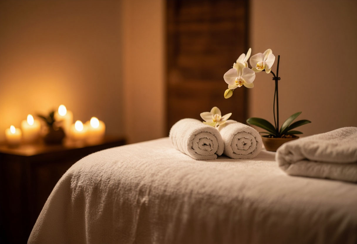Интерьер SPA-салона с массажным столом, полотенцами и свечами
